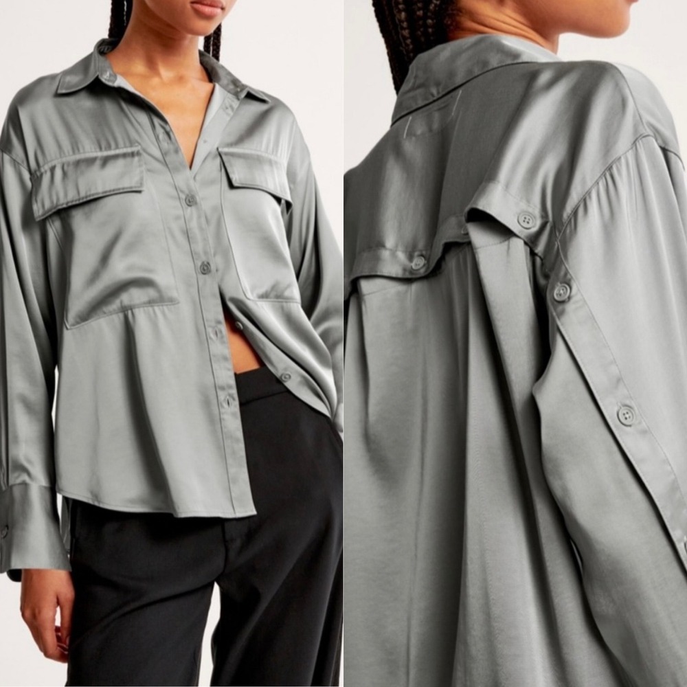 Abercrombie & Fitch Oversized Satin Button Down Gray Shirt Size Small